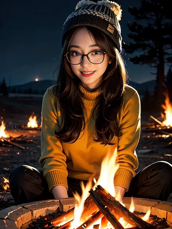 One cute girl around 30 years old、Fisheye、Wind、Unkempt hair、Nature、bonfire、bonfire background、camp、(Aesthetic/atmosphere 1.2)、Knitted hats、glasses on forehead、smile、歯を見せてsmile、