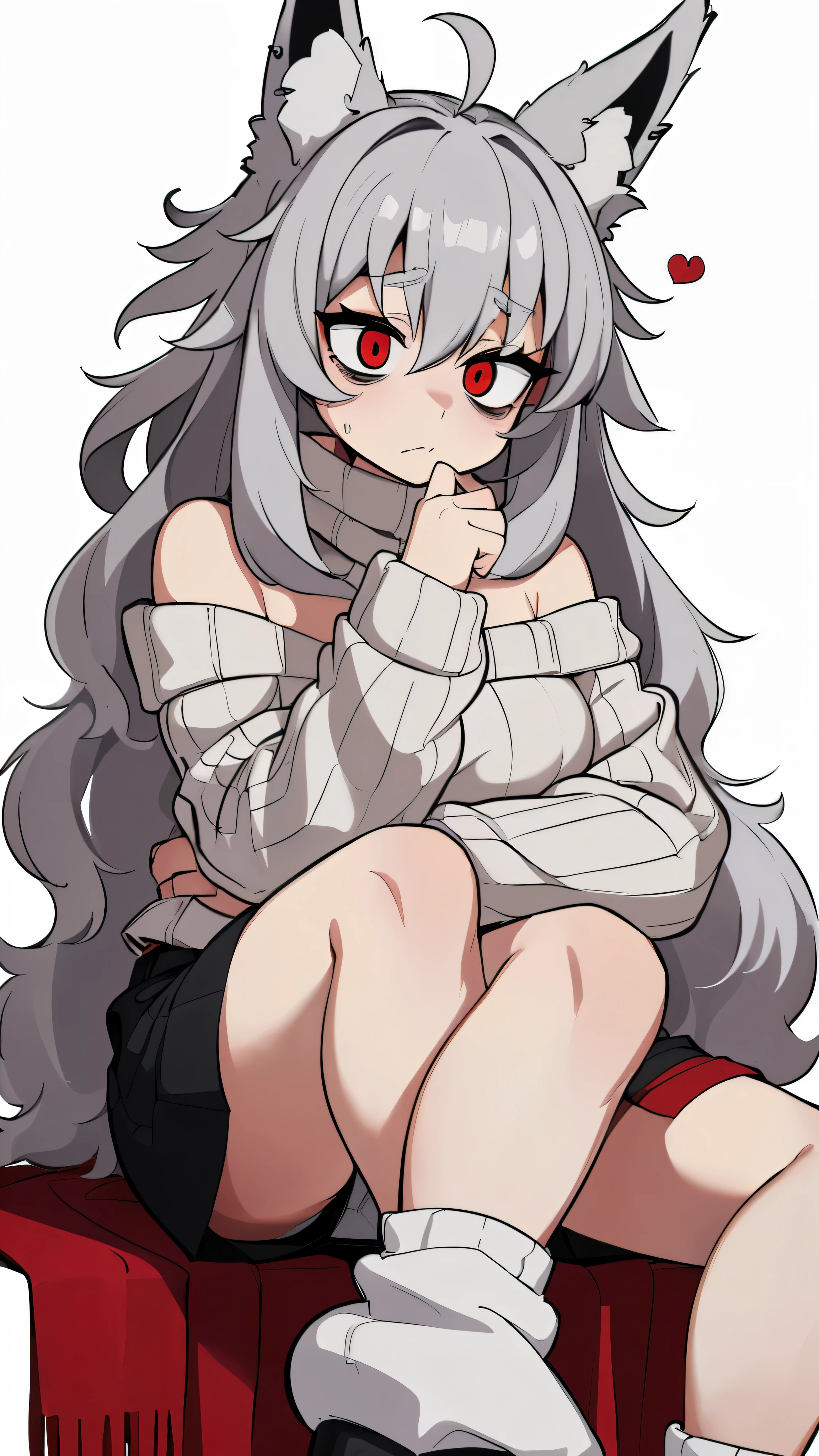 (Masterpiece, Best Quality), 1girl,solo, art by kipteitei, (red eyes, long eyelashes, white pupils:1.2), (puffy wavy messy long grey hair:1.5), (A white sweater with a cute heart pattern, worn over a red A-line skirt. Pair it with red ankle boots and a cozy red scarf for warmth:1.2), (off shoulder, ahoge, black_socks, loose_socks, long_sleeves, black_shorts, big fox ears, big puffy fox tail:1.2) (scared expression, scared pose, short, medium deep breast, white background, sitting:1.2), (skinny body, boney body, fur skin:1.4)