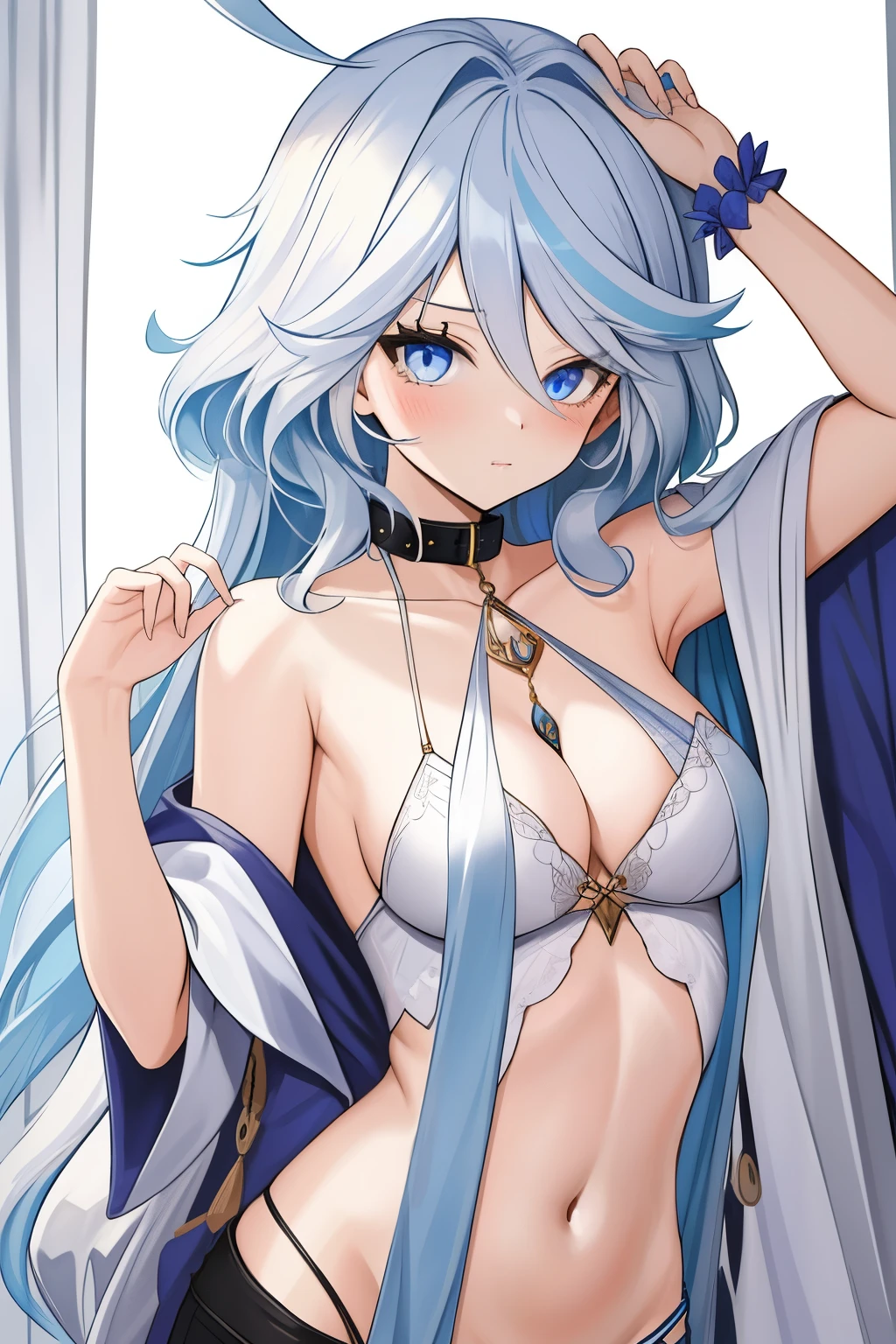 Furina,1girl,solo,long hair,ahoge,blue eyes,white hair,blue hair,bangs, off shoulder, collar bone, cleavage, look at viewer, perfect fingers, presenting armpit