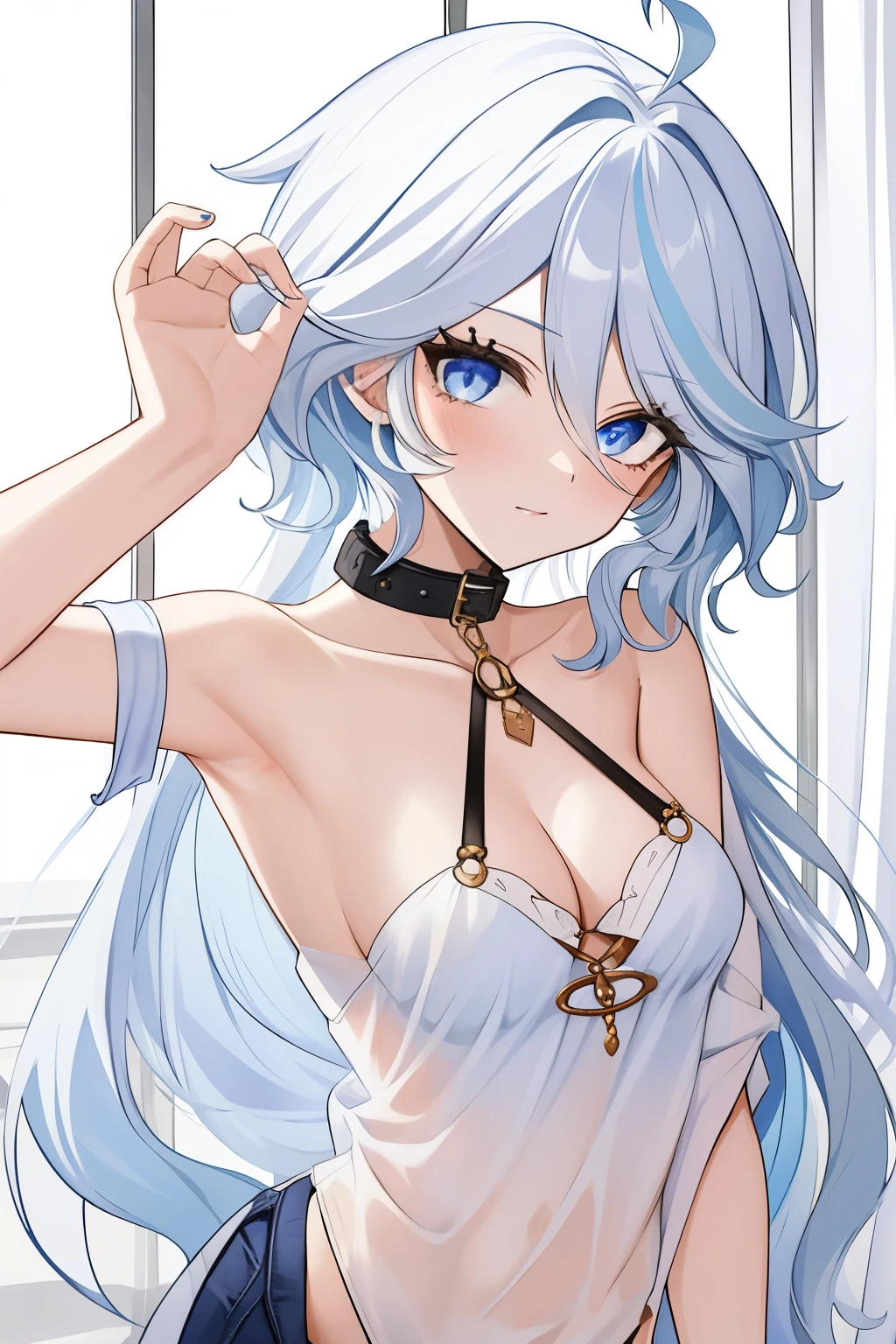 Furina,1girl,solo,long hair,ahoge,blue eyes,white hair,blue hair,bangs, off shoulder, collar bone, cleavage, look at viewer, perfect fingers, presenting armpit