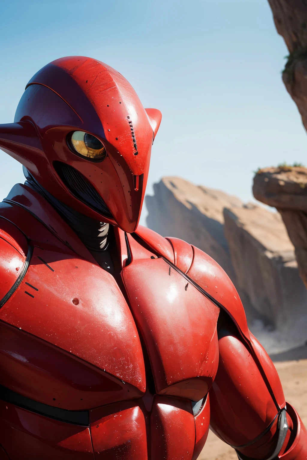 (8k, RAW photos, top quality, masterpiece: 1.1), (realistic, photorealistic: 1.3), red alien creature, humanoid shape, big, muscular build, sharp features, blue eyes with intensity, high definition RAW color photos, professional lighting, intricately textured skin, shiny scales, (otherworldly: 1.2), advanced technology gadgets, (alien language symbols visible: 1.2), sitting, (leaning forward), (best shadows), depth of field, close-up shot, expressive face with emotions, (strong contrast colors).