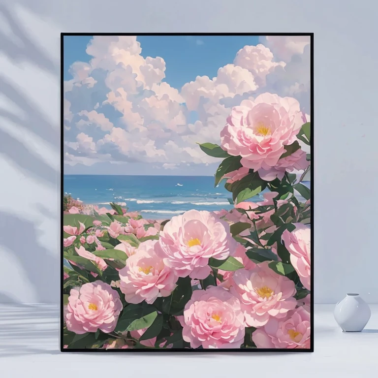 Digital oil painting form,Blue sky, white clouds, sea and flowers