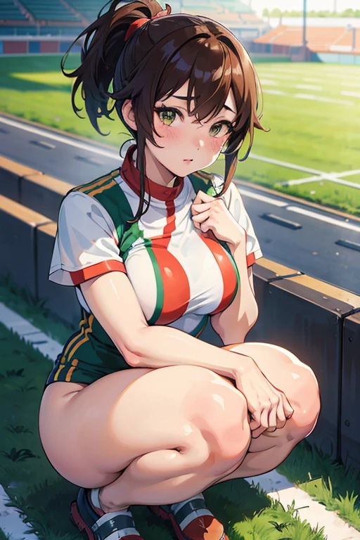track and field athlete、athletics stadium, Beautiful anime girl squatting, anime girl squatting, thick, seductive anime girl, makoto shinka, hug her knees, tits, Kantai Collection Style, thighs!!!, marin kitagawa fanart, Ilya Kuvshinov. 4k、less exposure