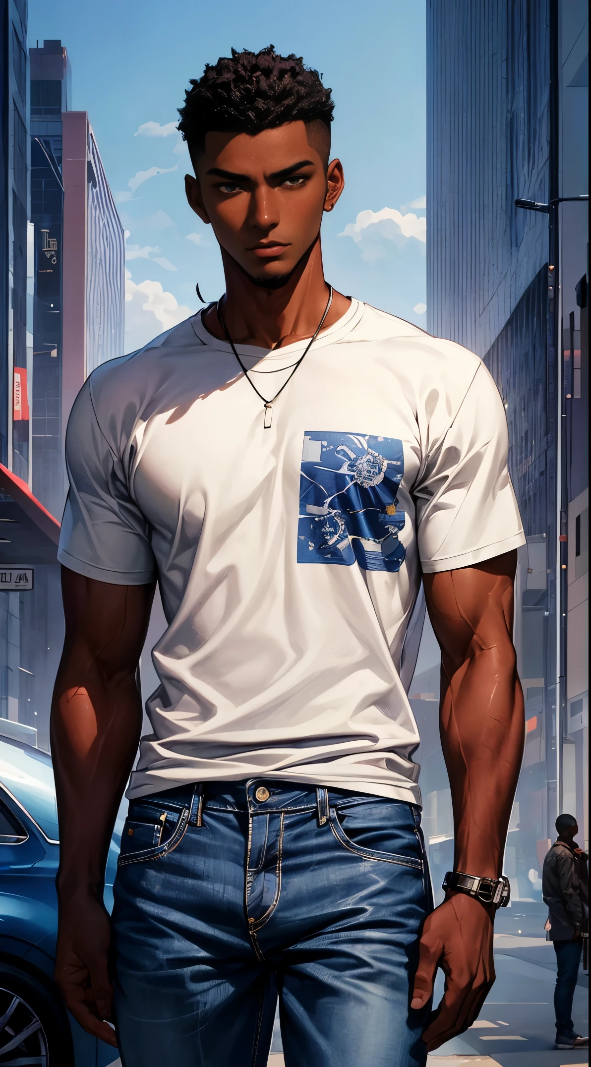 (best quality:1.1),original, 1man,  A handsome man with dark skin, African American man with natural hair, short hair, buzzcut, ebony nose, broad shoulders, tall, dressed in blue urban clothes and demin jeans, cartoon，anime illustrations, style is abstract beauty, Sundaratang, charming character illustrations, folklore  --ar 2:3 --v 6.0 