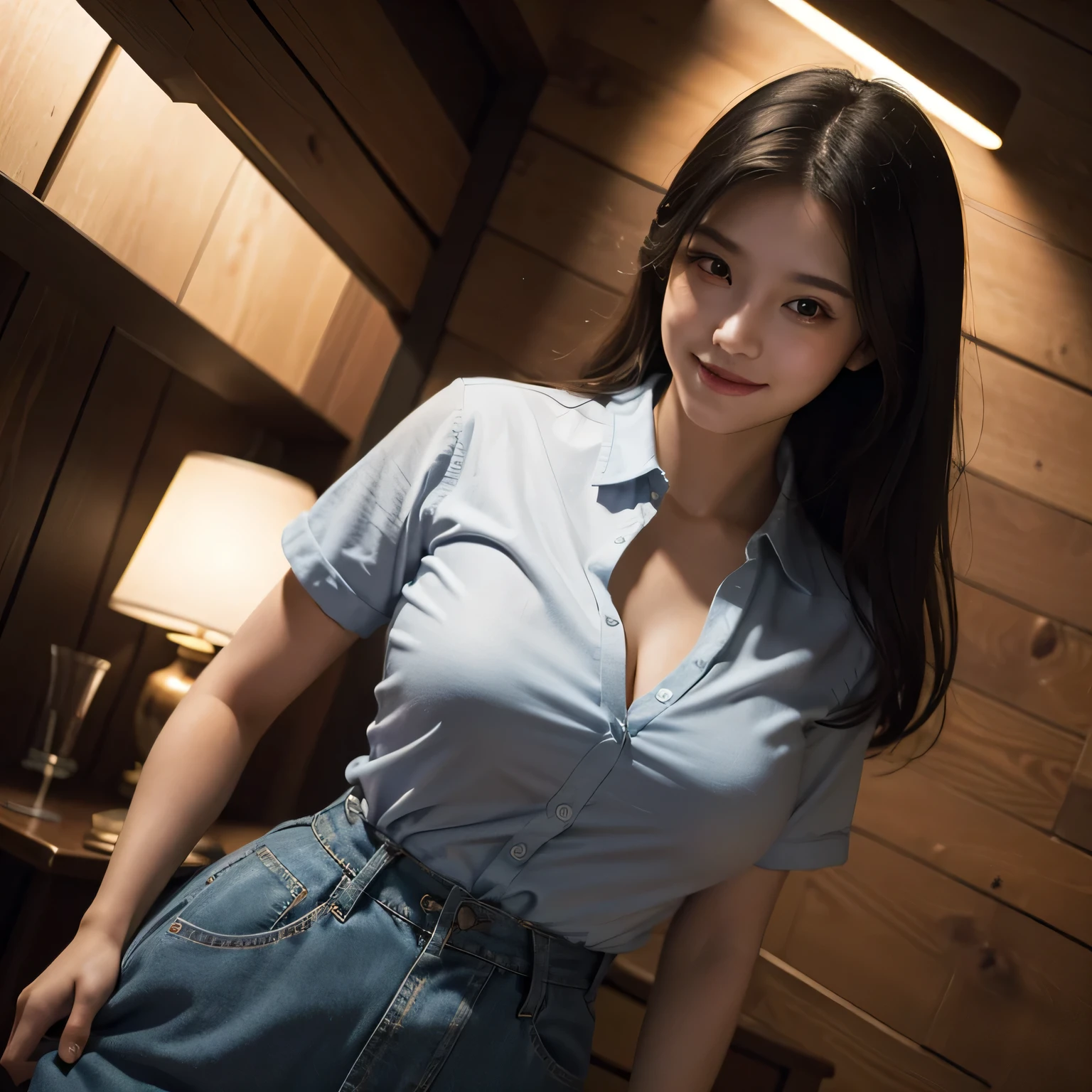 best quality, masterpiece, (lifelike:1.4), 1 girl, faint smile, collared shirt, above waist, dramatic lighting, from below,Full body image