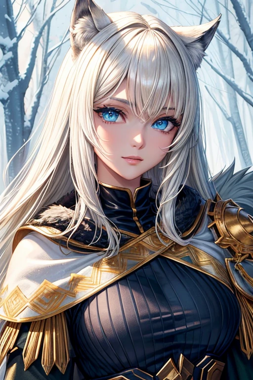 2Human, Happy Muscular Man with wolf ears in Armor, glowing blue eyes wolf skull armor fur trim pauldrons black cape long blond hair snow magic forest Glow Eyes, ((CG-Artyst-Style, 32K, perfect eyes, perfect face, perfect anatomy, perfect detailes, hyperdetailed)) cuddle with Wolfwoman with blond shoulders reached hair, green eyes, dressed in green kleric clothes with golden aczents, only animal ears, brown wolftail, Crystal woods,