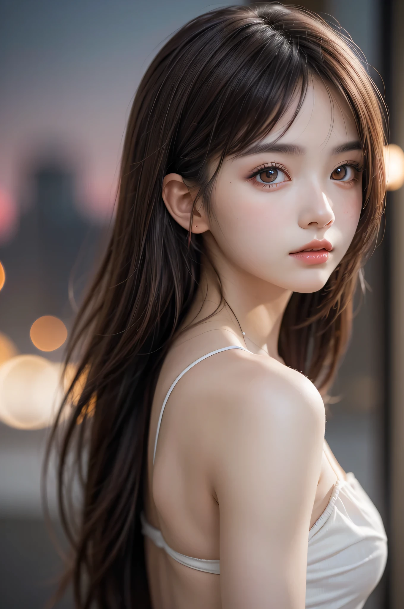 (best quality), (ultra-detailed), (llustration), (detailed light), (an extremely delicate and beautiful), 1young girl, brown hair, brown eyes, model, bare shoulders, best quality, extremely detailed CG unified 8k wallpaper, High-definition raw color photos, professional photograpy, (((Bokeh))), depth of fields, twilight, sunset,