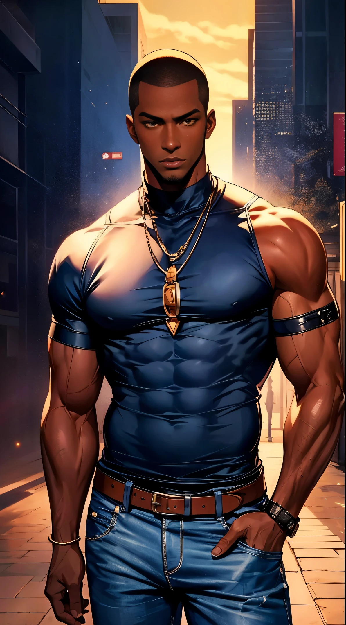 (best quality:1.1),original, 1man,  A handsome man with dark skin, African American man with natural hair, short hair, buzzcut, ebony nose, broad shoulders, tall, masculine, dressed in blue urban clothes and demin jeans, cartoon，anime illustrations, style is abstract beauty, Sundaratang, charming character illustrations, folklore  --ar 2:3 --v 6.0 