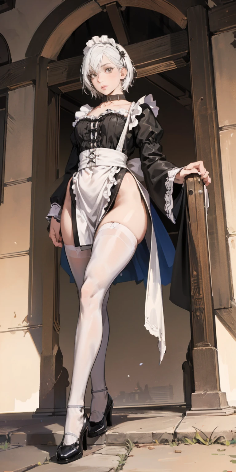 White hair , short hair, pinched eyes, (big-:1.5) , Thin legs, thin body, leather collar, Maid outfit victorian, dynamic pose, full body, View from below, wide hips, Kneeling