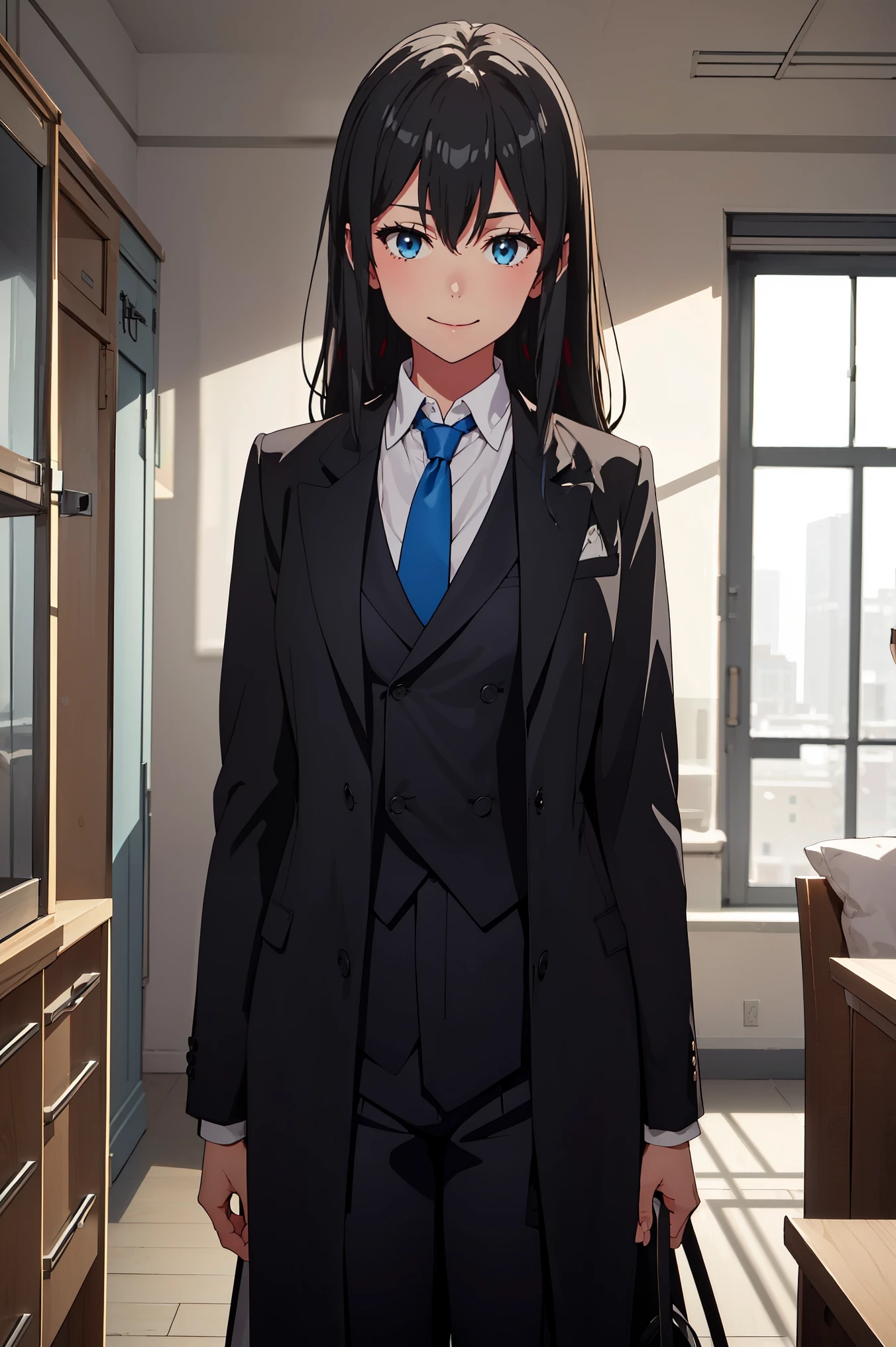 ((best quality)), ((masterpiece)), (detailed) 1girl 1girl, ;\), blurry, blurry_background, breasts, , hair_long , looking_at_viewer, ok_sign, one_eye_closed, open_hand, Yukinoshita Yukino ,Woman wearing formal clothes, An attractive coat stands in a large gap in the room , 1girl, 独奏, blue necktie, Black hair, eyes blue, long hair, smile , collared shirt, white pants, white shirt , Elegantly designed coat , Stand in front of a window ,Perfectly tailored tailcoat. It has a stunning Victorian design and is made of lustrous fabric , soft thighs , full body