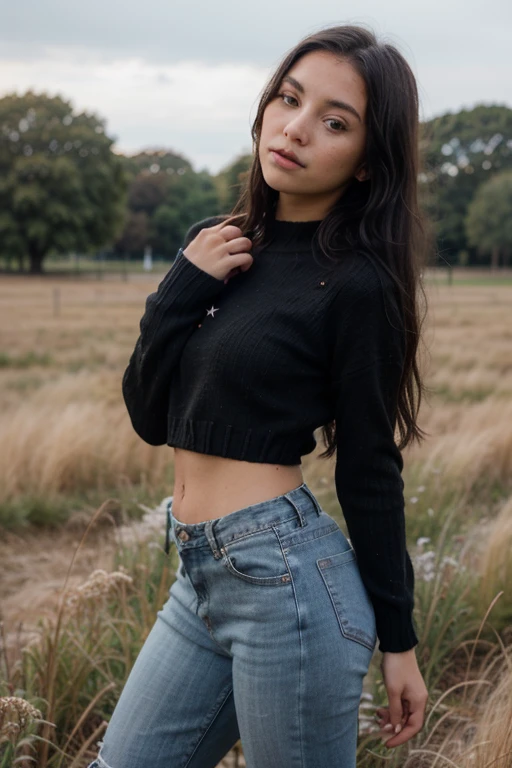 20 year old girl, tall brunette schoolgirl, Latin facial features, long black hair, good body with short jeans and black sweater, photo in the field