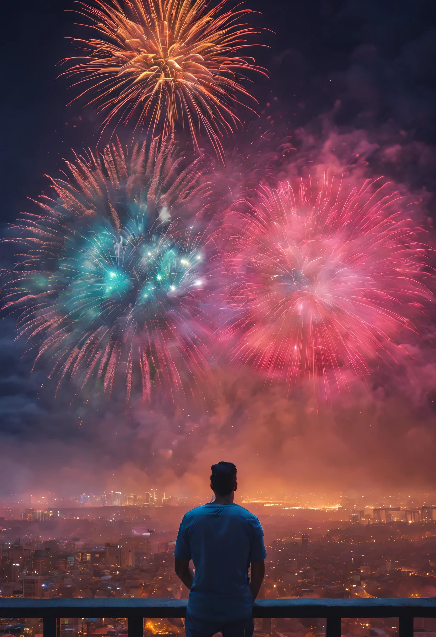 A cidade do futuro,A man watching colorful fireworks on the roof,rios,Luzes coloridas,(((obra-prima))), ((Best quality at best)), ((detalhes intrincados)), ((hiper-realista))(8k)