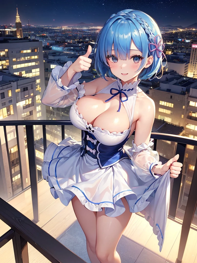 ((highest quality, 8K, masterpiece)),Rem(Re:zero),((Thumbs up(👍️)nice,Good Signs,stick out thumb)),((close one eye,happy smile)), cute beautiful woman with perfect body: 1.4, slim big breasts: 1.2, ((blue hair,short hair, big breasts: 1.2)),smile,happiness,後Light,Light , (small transparent dress, half naked, highly detailed chest, happinessな表情, Are standing: 1.2,mini skirt,cleavage), ((city night view, Balcony Simple: 1.3 Making of a woman)), Highly detailed face and skin texture, fine eyes,