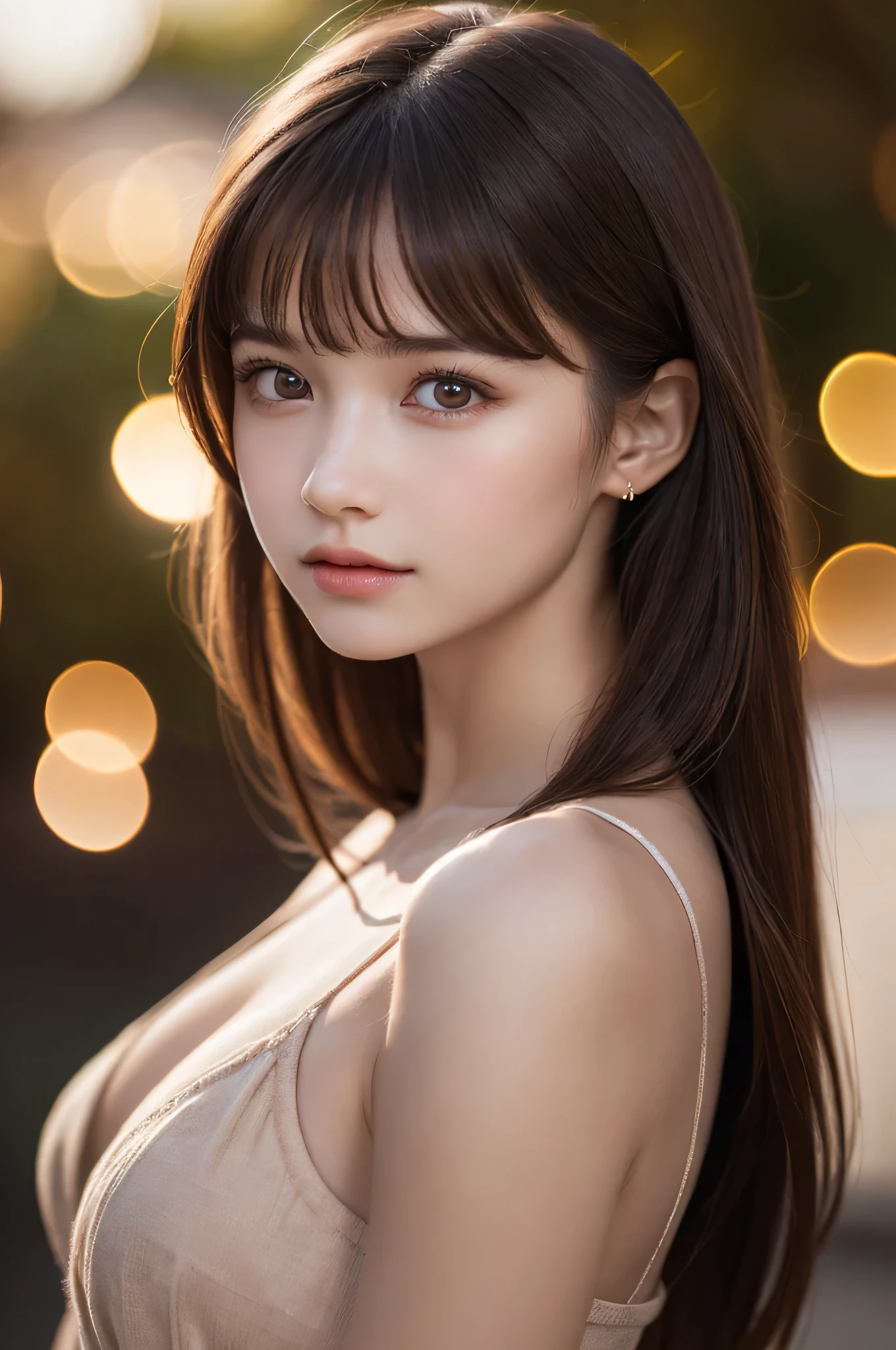 (best quality), (ultra-detailed), (llustration), (detailed light), (an extremely delicate and beautiful), 1young girl, brown hair, brown eyes, model, bare shoulders, best quality, extremely detailed CG unified 8k wallpaper, High-definition raw color photos, professional photograpy, (((Bokeh))), depth of fields, twilight, sunset,