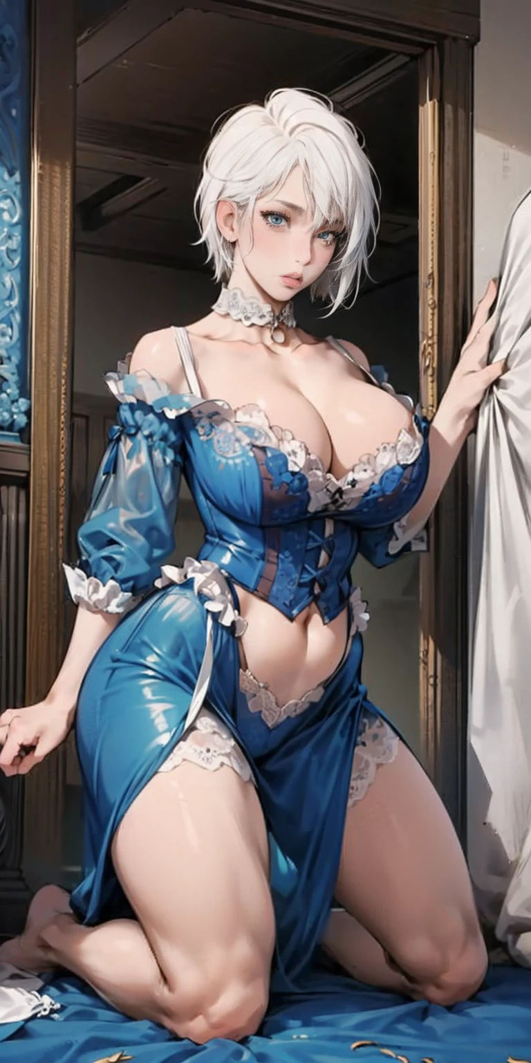 White hair , short hair, pinched eyes, (big-:1.5) , Thin legs, thin body, leather collar, Maid outfit victorian, dynamic pose, full body, View from below, wide hips, Kneeling