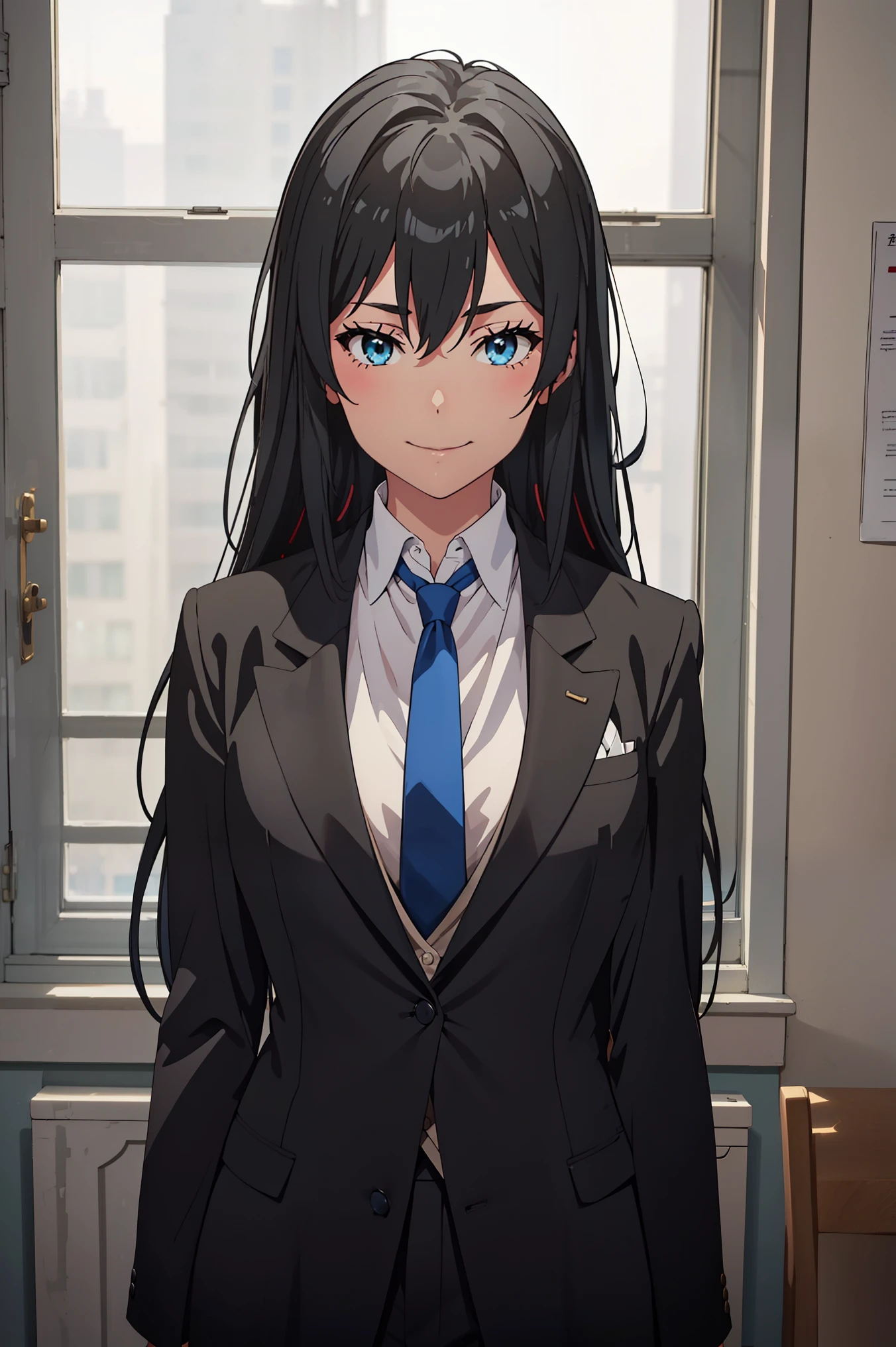 ((best quality)), ((masterpiece)), (detailed) 1girl 1girl, ;\), blurry, blurry_background, breasts, , hair_long , looking_at_viewer, ok_sign, one_eye_closed, open_hand, Yukinoshita Yukino ,Woman wearing formal clothes, An attractive coat stands in a large gap in the room , 1girl, 独奏, blue necktie, Black hair, eyes blue, long hair, smile , collared shirt, white pants, white shirt , Elegantly designed coat , Stand in front of a window ,Perfectly tailored tailcoat. It has a stunning Victorian design and is made of lustrous fabric , soft thighs , full body