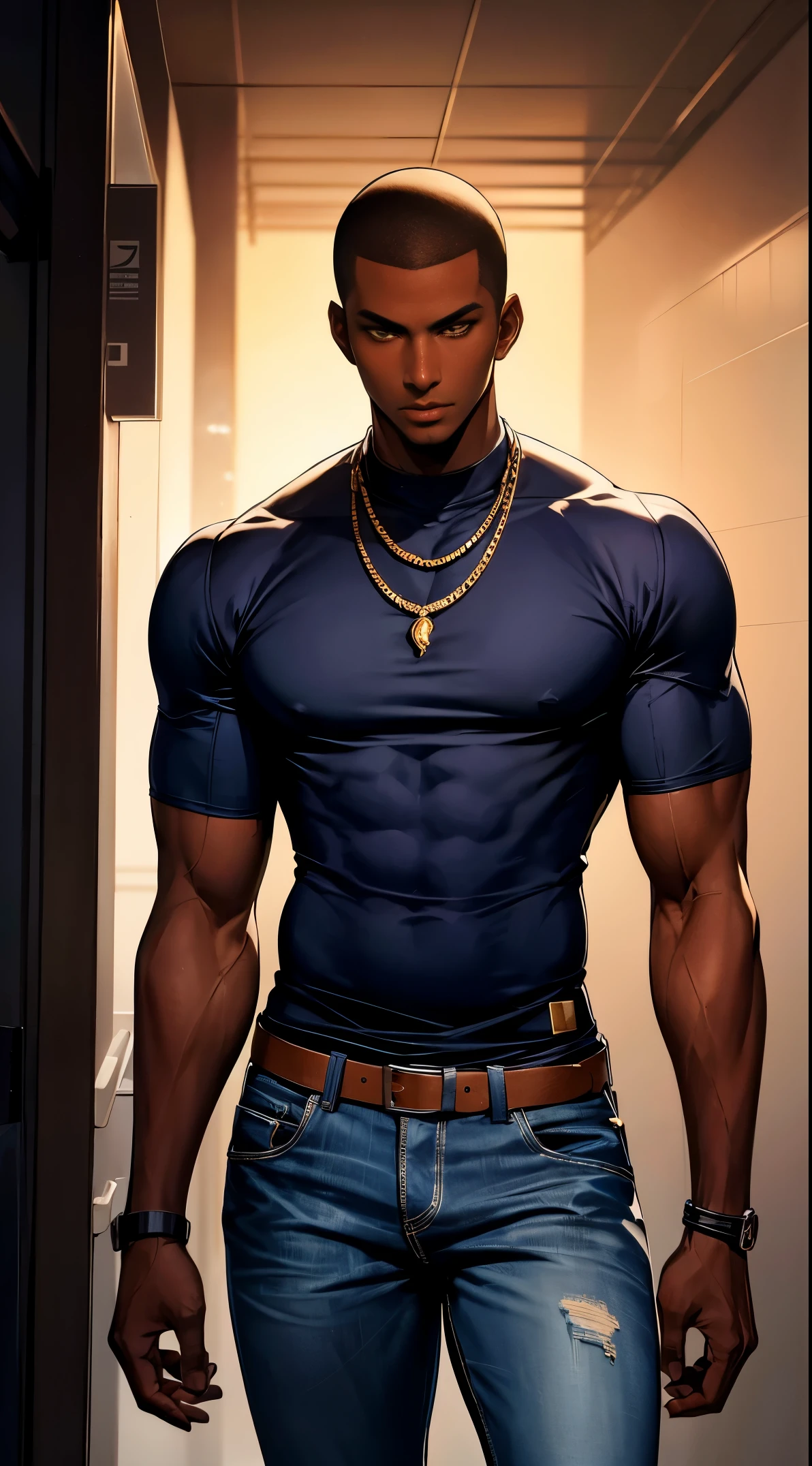 (best quality:1.1),original, 1man,  A handsome man with dark skin, African American man with natural hair, short hair, buzzcut, ebony nose, broad shoulders, tall, masculine, dressed in blue urban clothes and demin jeans, cartoon，anime illustrations, style is abstract beauty, Sundaratang, charming character illustrations, folklore  --ar 2:3 --v 6.0 