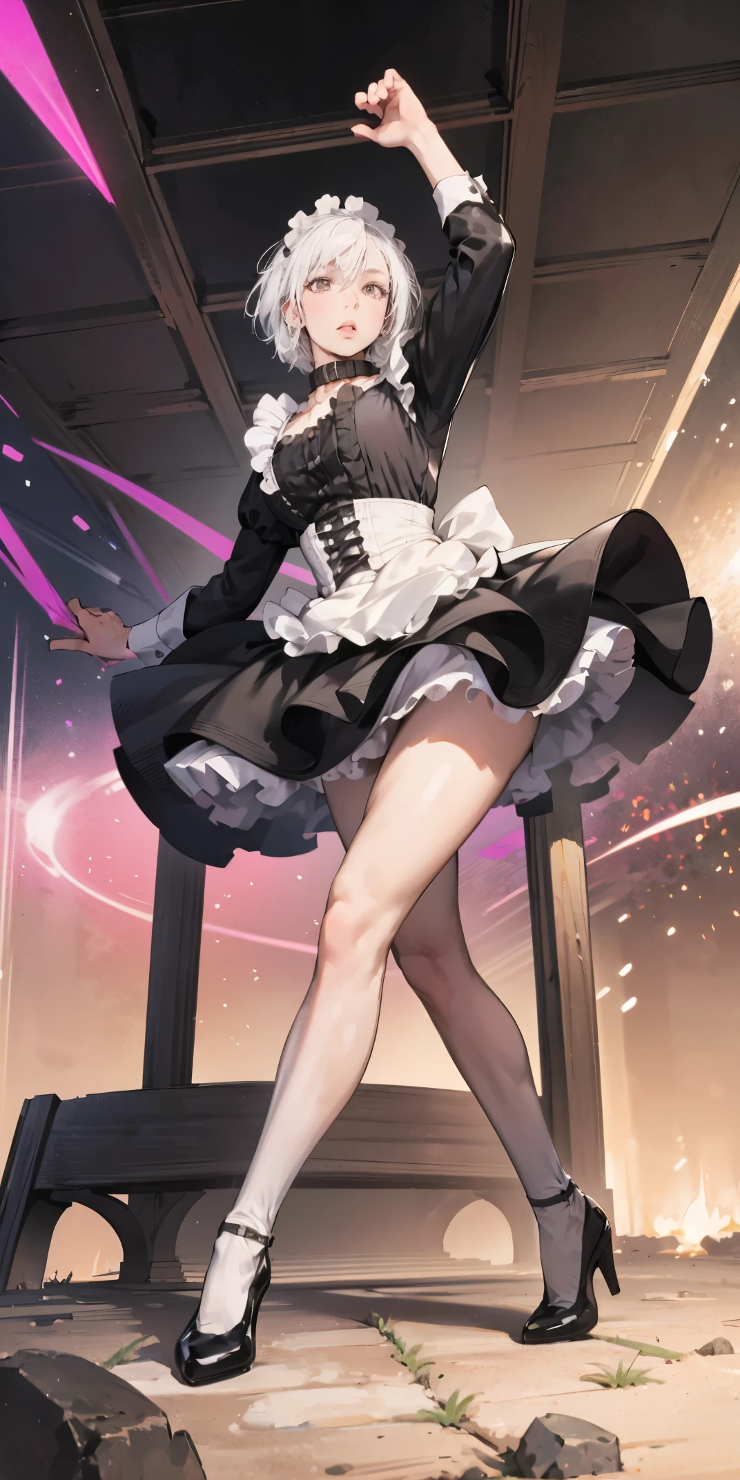 White hair , short hair, pinched eyes, (big-:1.5) , Thin legs, thin body, leather collar, Maid outfit victorian, dynamic pose, full body, View from below, wide hips, Kneeling