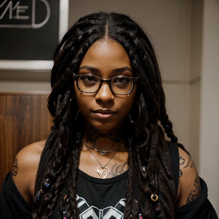 Beautifully soft young brown skinned black woman with long black dreads and glasses, dressed in an alt aesthetic, facial piercings and tattoos