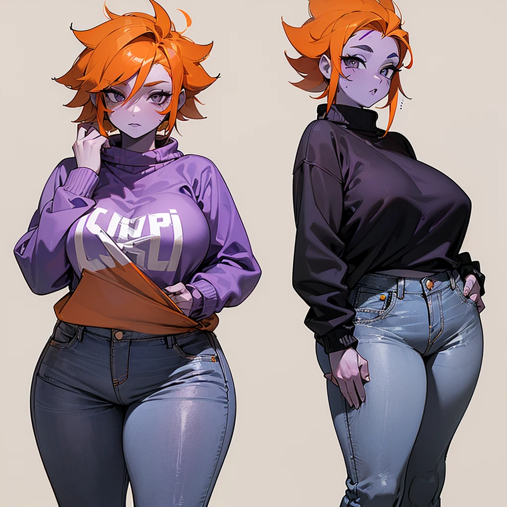 (((1 Woman))),(((Purple skin))),(((gray eyes))),(((Orange curt hair))),(((A scar on her cheek))) ,(Curvy body),(((Wearing jeans and a kitten blouse)))