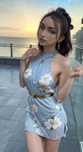 (nnlnnx_1985-1987_v1.4 grams:0.5), nnlnnx, short hair, (sharp focus:1.2), portrait, intractive young woman, (beautiful face:1.1), fine eyes, luscious lips, (eye make up:1.2), (toned body:1.2), wear (Blue transparent loose dress with floral pattern:1.1) in (beach:1.2). (morning sun lighting:1.2), Depth of bounds written, Bokeh, 4K, HDR. By (james c. Christensen:1.2|Jeremy Lipking:1.1).blonde gal、barefoot、thin ankles、thin long legs、small hips、large golden pendant necklace、golden dangling earrings、(片手in髪を掻き上げる)、