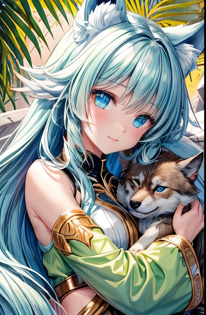 2Human,one male  Happy Muscular Man with wolf ears in Armor, glowing blue eyes wolf skull armor fur trim pauldrons black cape long blond hair snow magic forest Glow Eyes, ((CG-Artyst-Style, 32K, perfect eyes, perfect face, perfect anatomy, perfect detailes, hyperdetailed)) cuddle with one Wolfwoman with blond shoulders reached hair, green eyes, dressed in green kleric clothes with golden aczents, only animal ears, brown wolftail, Crystal woods,