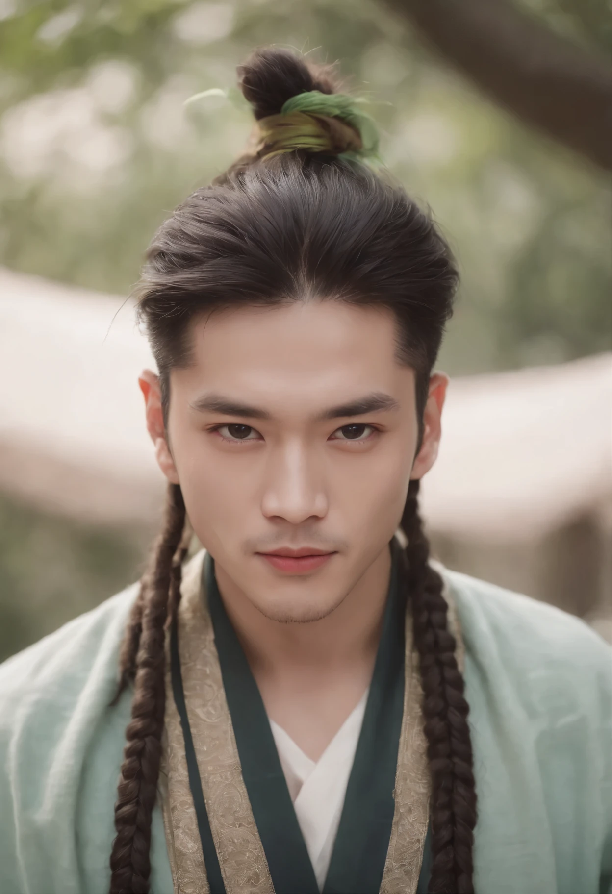 (male character design), Half-length close-up, Staring at the camera,
(Song Yu, a handsome Chinese guy with half his face covered by transparent white gauze, looks at the camera), (African dreadlocks hairstyle: 1.37), (Wearing a modern and fashionable light green high-end cardigan), Song Yu&#39;s facial features are correct, His face is symmetrical, His eyebrows are long and thick, slightly upward, His eyes were bright and vibrant, Revealing a kind of wisdom and agility. (His lips were rosy and full, slightly upward, His lips were rosy and full), His big sexy mouth, His nose was straight，Does not protrude, His smile is bright and natural, perfect as a sculpture. Song Yi’s skin is fair and delicate, Smooth as white jade，No wrinkles. Skin exudes a healthy glow, Gives people a fresh and pure feeling. His cheeks flushed slightly (Inspired by young actor Brigitte Lin), Revealing a hint of astringency and cuteness, HD, high quality, HD analysis, 32k, Surrealism,