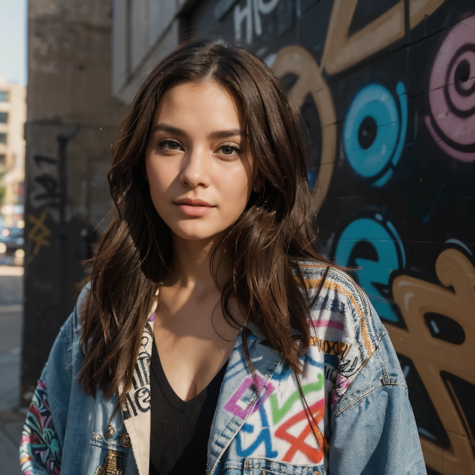 Generate a highly detailed and realistic image of a brunette woman standing in front of a graffiti-covered wall. Her hair should be a deep, rich brown, styled in a modern way that complements her urban surroundings, with each strand clearly defined and highlighted by the ambient city light. Her facial features need to be precise and lifelike: her eyes are a vibrant brown with detailed irises, her nose is well-shaped, and her lips are full with a natural hue, showcasing subtle textures. Her skin should have a realistic tone, capturing the nuances of city light and shadow.

She's wearing an outfit that resonates with the street style, featuring textures and layers that appear natural and fashionable against the colorful graffiti background.

The graffiti wall behind her is a vivid tapestry of street art, showcasing a variety of colors, designs, and styles, rendered with high detail to capture the essence of urban art culture. The lighting is a mix of natural daylight and the ambient glow from nearby city lights, creating a dynamic and lively atmosphere. The focus is sharp on the woman, making her the central figure against the vibrant, detailed backdrop of the graffiti wall.