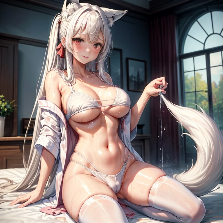 masterpiece、top-quality、1girl in。(bathrobe:1.2), white  hair,Red Eyes,(mare:0.8), (Fantastical:0.7), (A smile:0.8),fox ear,salon,wear bra, wear dress , wet clothes,wet hanging,salon, perfect body, perfect breast,((blush on: 1.2)),((fox-tails:1)), perfect big fox-tails, crop top, ((white legwear)),hair bobbles, tights, recumbent on the bed, hot, girl below, looking up,(( Wear dress)), white suit,((wet:1.3)), neckline, navel, t-shirt, ((bra)), clothes lift, tights, perfect face,((peeing:1.4)),wear pantie