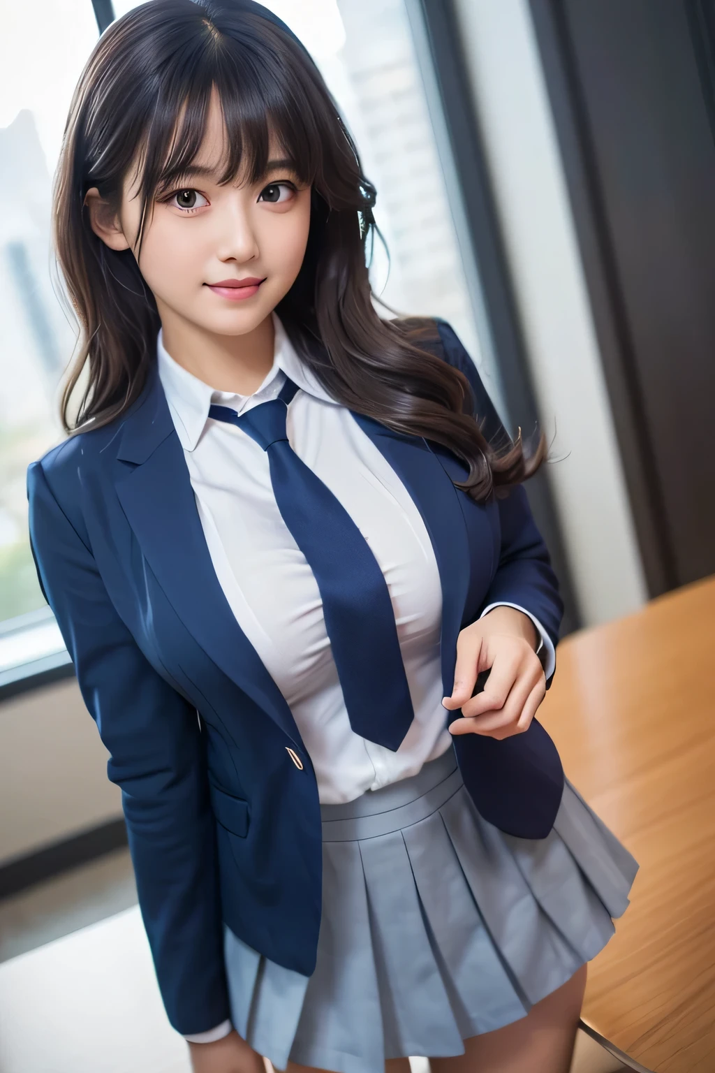 8K, highest quality, real image, intricate details, Super detailed, ultra high resolution, depth field,(realistic,realistic:1.2),table top , frontal shot , From the middle , 1 girl, eye_Chan, very beautiful  girl, innocent big eyes, white teeth、beautiful breasts:1.5、非常に詳細なeye:1.2)、(beautiful breasts:1.1)、wavy hair、curly hair、bangs、, perfect skin, Fair skin, Breasts get bigger, hands-on、cleavage, tight waist, light blush, alone, looking at the viewer, big smile, ((School_uniform),(dark blue blazer), (white shirt、Wearing a tie), (gray pleated skirt), (sculpture installation :1.1)
