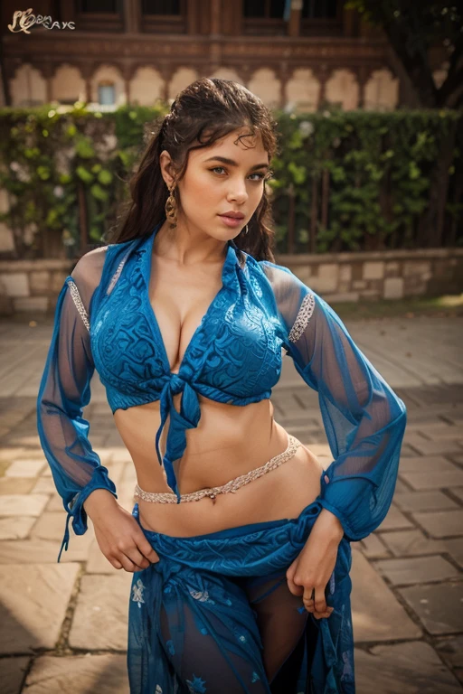 A cute girl with thick thighs and a curvy waist wearing a blue Arabic tie top blouse
