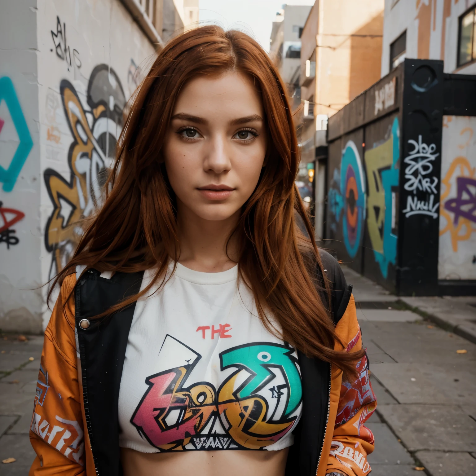 Generate a hyper-realistic image of a red-haired woman in front of a graffiti-covered wall. Her hair should be a vibrant auburn, long and styled in loose, natural waves, highlighting various shades of red and copper illuminated by the urban lighting. Her facial features need to be intricately detailed: vivid green or amber eyes with detailed irises; a well-defined, graceful nose; and full lips with a subtle natural color, showing realistic textures. Her skin should be fair, capturing the nuances of light and shadow typical of an urban graffiti backdrop.
She's dressed in a modern, urban outfit that complements the colorful graffiti, with fabric textures that appear stylish and fitting for the vibrant street setting.
The graffiti wall behind her is a dynamic array of street art, showcasing a mix of colors, designs, and artistic expressions, all rendered with high detail to reflect the essence of urban culture. The lighting is a blend of natural daylight and the ambient glow from nearby city lights, creating a lively, energetic atmosphere. The focus is sharply on the woman, making her the prominent figure against the diverse and intricate backdrop of the graffiti wall.