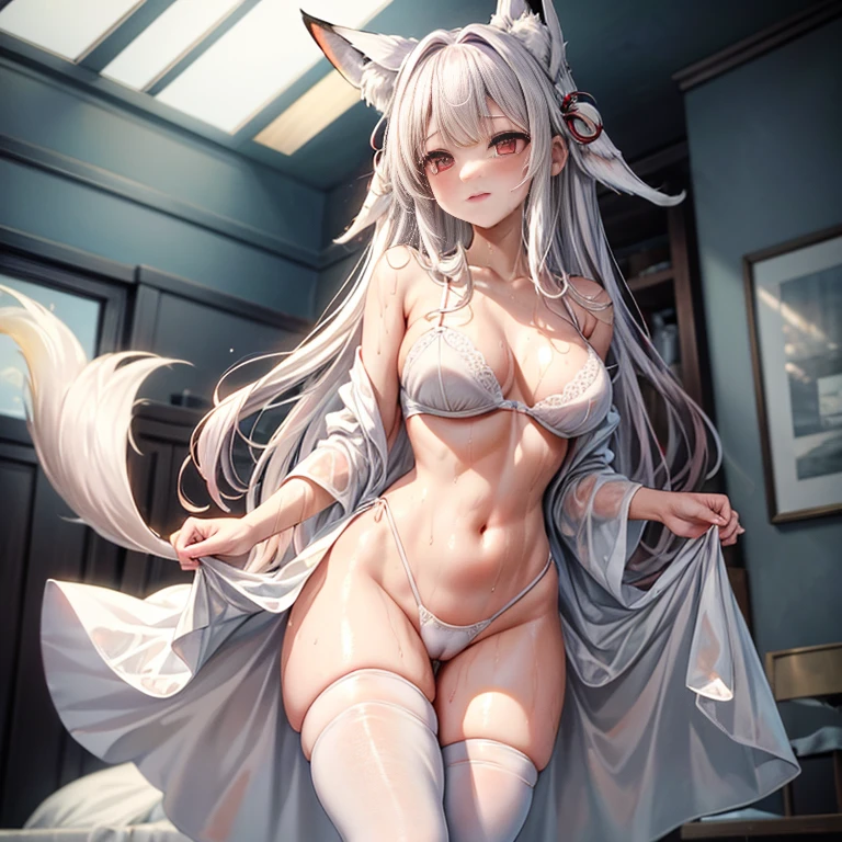 masterpiece、top-quality、1girl in。(bathrobe:1.2), white hair,Red Eyes,(mare:0.8), (Fantastical:0.7), (A smile:0.8),fox ear,salon,wear bra, wear dress , wet clothes,wet hanging,salon, perfect body, perfect breast,((blush on: 1.2)),((fox-tails:1)), perfect big fox-tails, crop top, ((white legwear)),hair bobbles, tights, recumbent on the bed, hot, girl below, looking up,(( Wear dress)), white suit,((wet:1.3)), neckline, navel, t-shirt, ((bra)), clothes lift, tights, perfect face,((peeing:1.4)),wear pantie