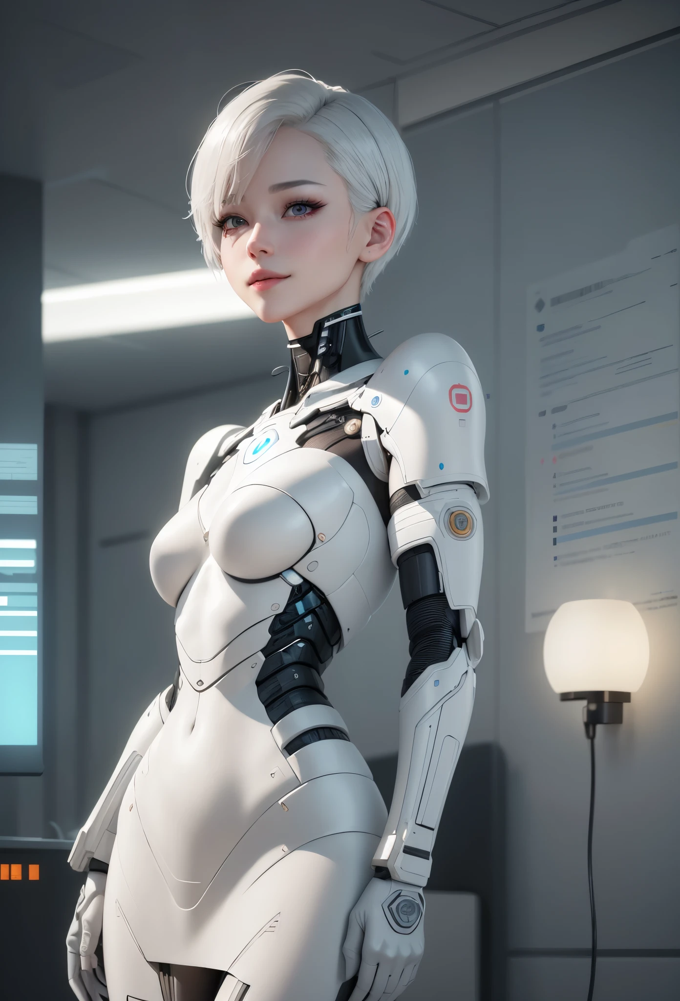 《Artificial intelligence role》。(((Virtual character design:heart doctor。woman,20 years old,white short hair,Exquisite facial features,beautiful make up,Skin details,Smile)))。((white tech nurse))。((Super realistic details)), illumination, light and shadow, octane rendering, 8k, super sharp,complicated, Accessory details,atmosphere