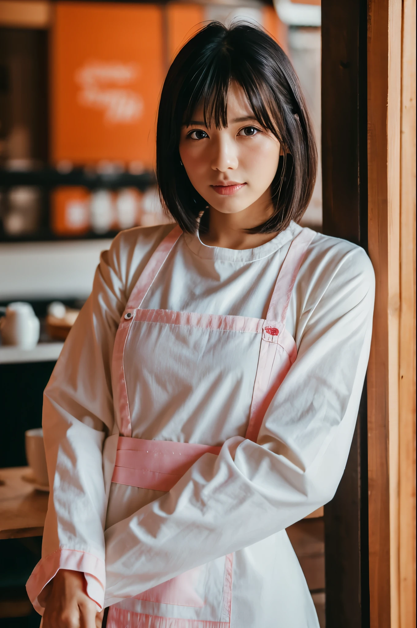 Masterpiece, best quality, 4K, 8K, woman, clerk, delightful, smiling, standing, short hair, black hair, black eyes, long sleeves, apron, holding a tray, 20 to 30 years old, Japanese, white background, orange background, pink background, in the restaurant, with a chair, with a table, daytime, bright atmosphere, photorealistic, realistic photo, raw photo, full body shot, cinematic lighting, white, pink, orange, radial composition