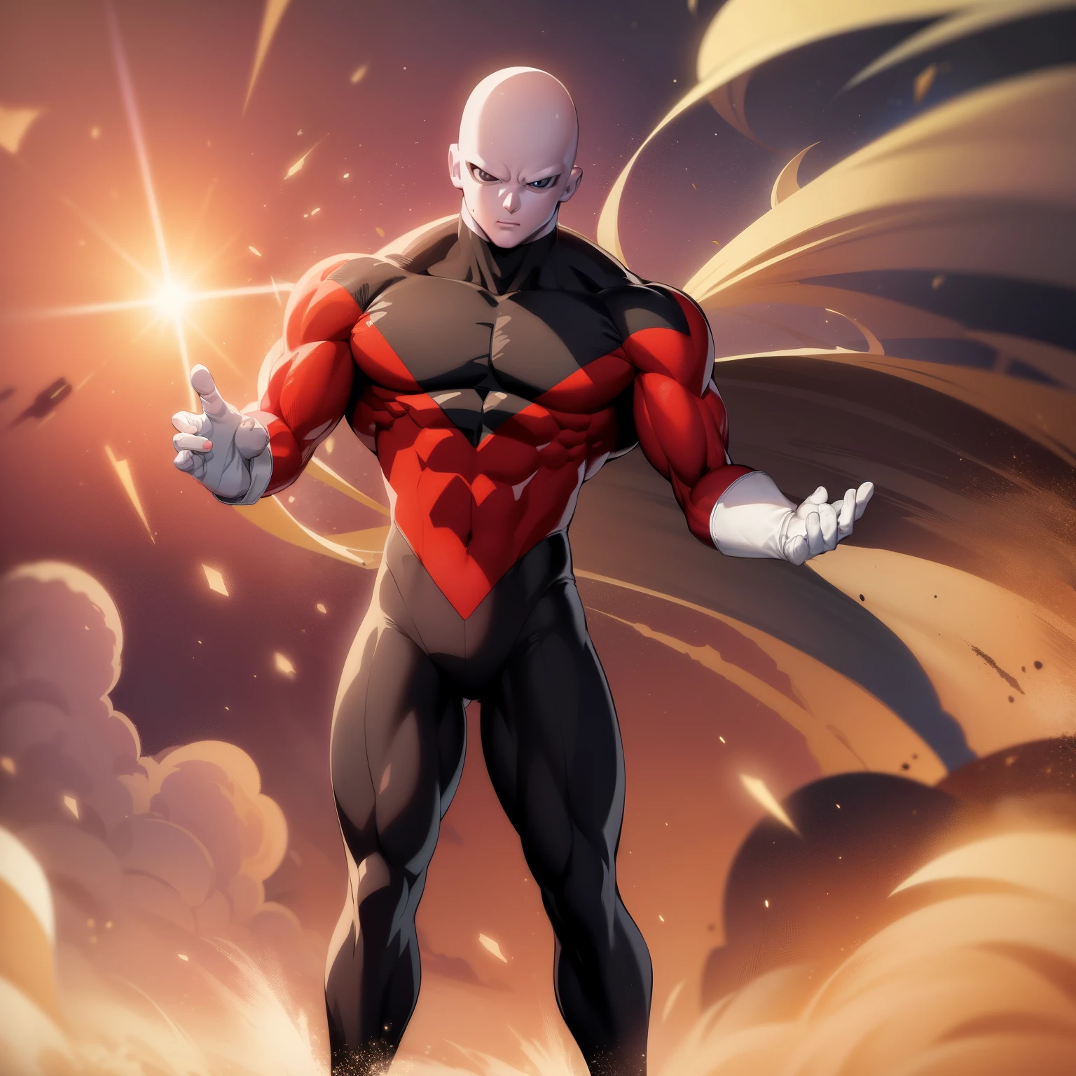 ((masterpiece, best quality)),(complex lighting),solo,1boy, full body, jiren,white gloves,bodysuit,muscular,bald light particles, dust particles,