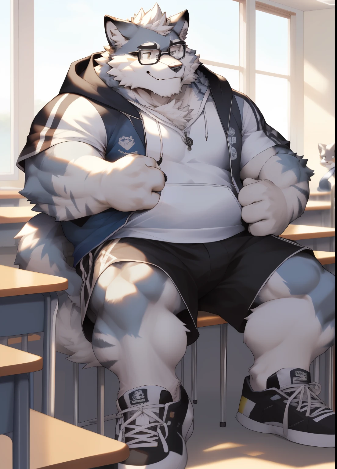 hairy，（（Wolf，white hoodie，shorts）），white fur，male，Common，full body picture（（极其lifelike阴影，masterpiece，Very detailed，lifelike））， （（Cat）），dynamic poses，In classrooms，Black-rimmed glasses，smirk，sit on the chair，window location，（（极其lifelike背景，masterpiece，Very detailed，lifelike）），Wear white socks，Casual shoes