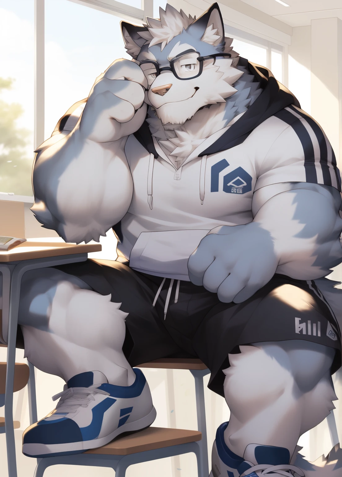 hairy，（（Wolf，white hoodie，shorts，white socks，sports shoes）），white fur，male，Common，full body picture（（极其lifelike阴影，masterpiece，Very detailed，lifelike））， （（Cat）），dynamic poses，In classrooms，Black-rimmed glasses，smirk，sit on the chair，window location，（（极其lifelike背景，masterpiece，Very detailed，lifelike）），穿着white socks
