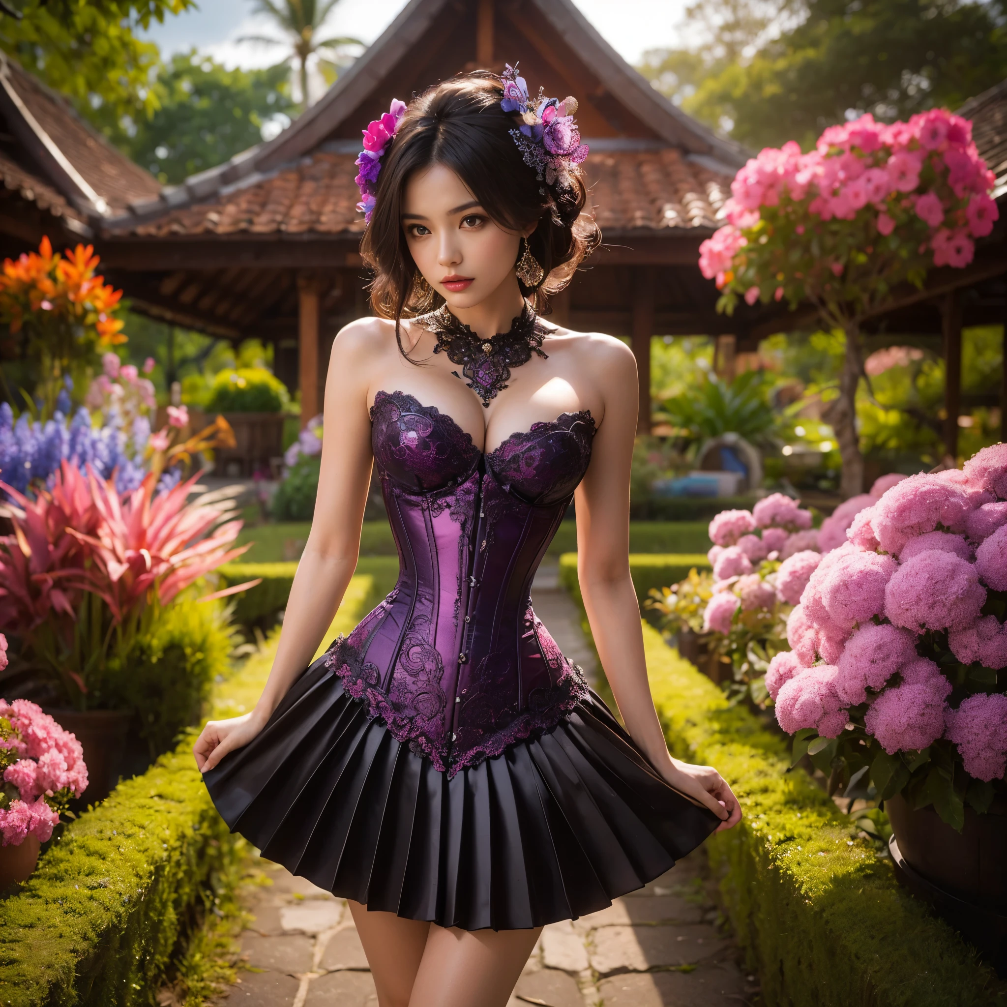 arafed woman with bustier gigantic breast in a corset and dress in front of a building, wearing an ornate outfit, ornate dress, intricate dress, elegant corset, ornate and elegant, extravagant dress, inspired by Hedi Xandt, ornate attire, intricate outfit, ornate royal gown, ornate clothing, ornate gown, intricate and elegant, intricate detailed dress, ornate , royal dress, masterpiece, best quality:1.2),,(8k,highres,RAW photo,realistic,photo-realistic:1.3),(detailed skin texture,detailed cloth texture,beautiful detailed face:1.25),professional lighting,photon mapping,beautiful soft light,radiosity,physically-based rendering,raytracing, model shoot style, model shoot style, (extremely detailed CG unity 8k wallpaper), full shot body photo of the most beautiful artwork in the world,