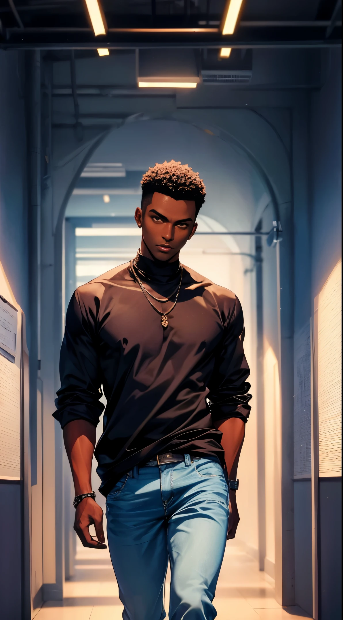 (best quality:1.1),original, 1man,  A handsome man with dark skin, African American man with natural hair, short hair, buzzcut, ebony nose, broad shoulders, tall, masculine, dressed in blue urban clothes and demin jeans, cartoon，anime illustrations, style is abstract beauty, Sundaratang, charming character illustrations, folklore  --ar 2:3 --v 6.0 