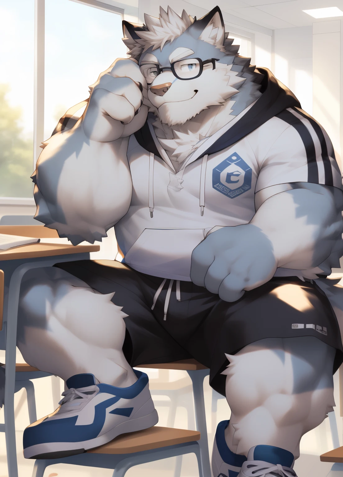 hairy,((Wolf,white hoodie,shorts,white socks,sports shoes)),white fur,male,Common,full body picture((极其lifelike阴影,masterpiece,Very detailed,lifelike)), ((Cat)),dynamic poses,In classrooms,Black-rimmed glasses,smirk,sit on the chair,window location,((极其lifelike背景,masterpiece,Very detailed,lifelike)),穿着white socks