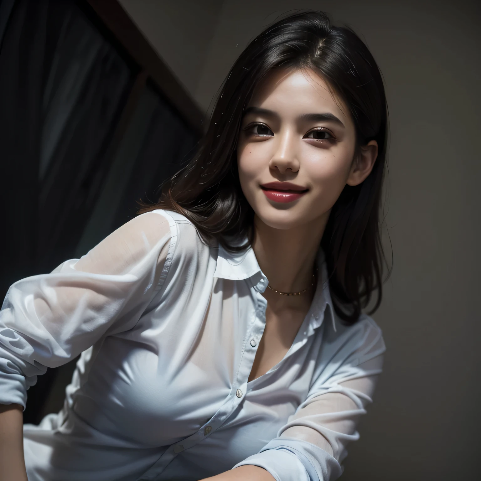 best quality, masterpiece, (lifelike:1.4), 1 girl, faint smile, collared shirt, dramatic lighting, from below,whole body