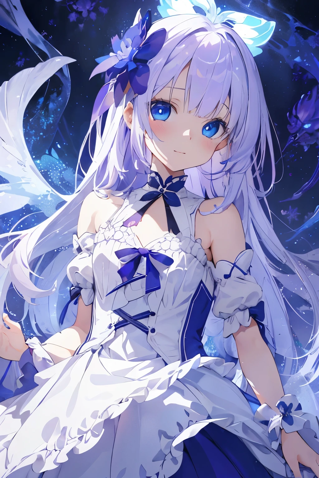 beautiful illustrations, highest quality, cute ite girl, (conversion sequence), transform magical girl, Lithite magical girl, fractal art, albino, baby facerple and blue mesh hair, Beautiful and detailed blue eyes, cinematic lighting, cowboy shot, looking at the viewer, from below, Happy,blue,purple