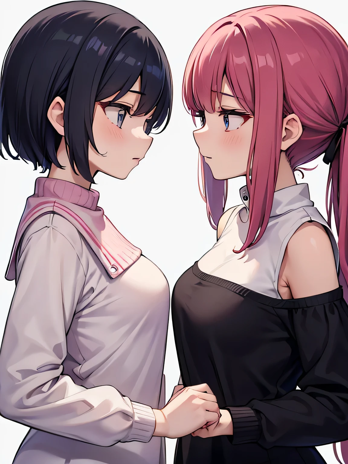① Two women are looking at each other.。(There are only two characters)
②The woman is beautiful and 28 years old.。.、long hair、Wearing sexy knitwear。
③The other woman is a cute woman and is 22 years old.。.、short hair、wear a nice blouse。
④Draw the standoff in close-up.。
⑤Draw without splitting the screen。