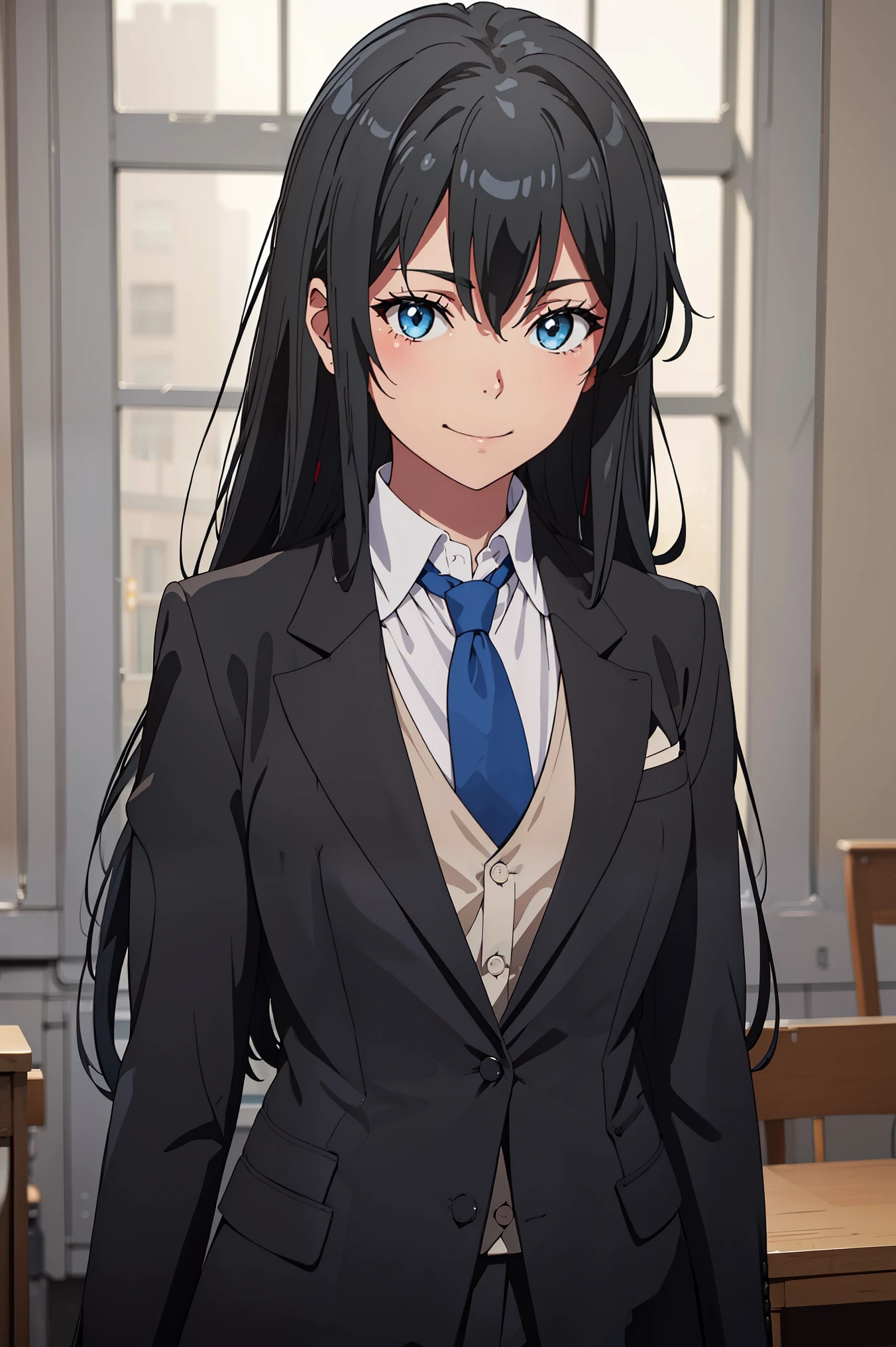 ((best quality)), ((masterpiece)), (detailed) 1girl 1girl, ;\), blurry, blurry_background, breasts, , hair_long , looking_at_viewer, ok_sign, one_eye_closed, open_hand, Yukinoshita Yukino ,Woman wearing formal clothes, An attractive coat stands in a large gap in the room , 1girl, 独奏, blue necktie, Black hair, eyes blue, long hair, smile , collared shirt, white pants, white shirt , Elegantly designed coat , Stand in front of a window ,Perfectly tailored tailcoat. It has a stunning Victorian design and is made of lustrous fabric , soft thighs , full body