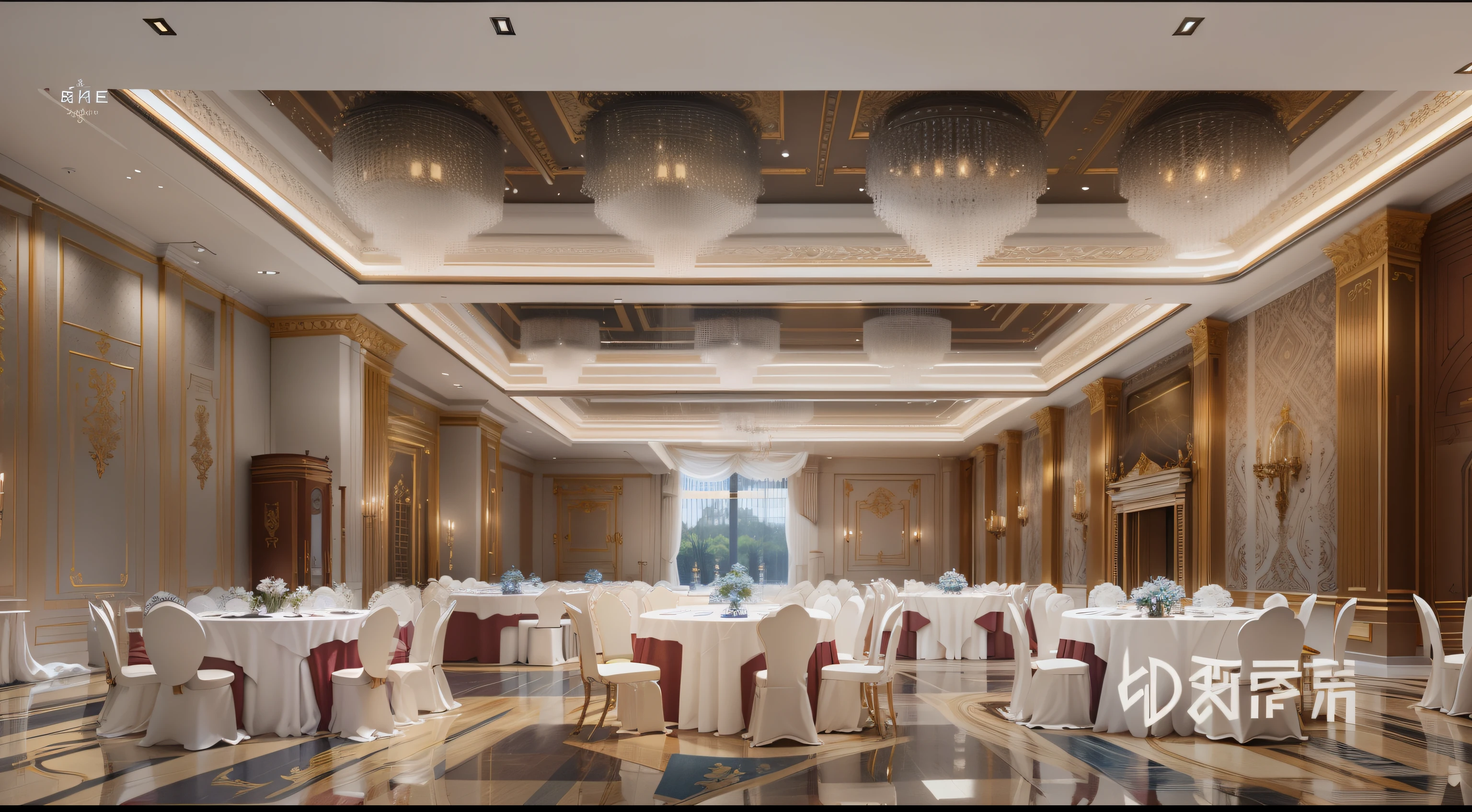 There are many tables and chairs in a large room, ball room background, Very detailed interior, High quality rendering, High resolution details, Luxurious environment, ball room, beautiful high resolution, Detailed wide angle shot, Architectural renderings, Very detailed. post processing, Shiny and happy atmosphere, Beautifully presented, CG rendering, hall, elegant Very detailed, exhibit, precise Architectural renderings 卡通的宴会厅 带卡通色彩啊