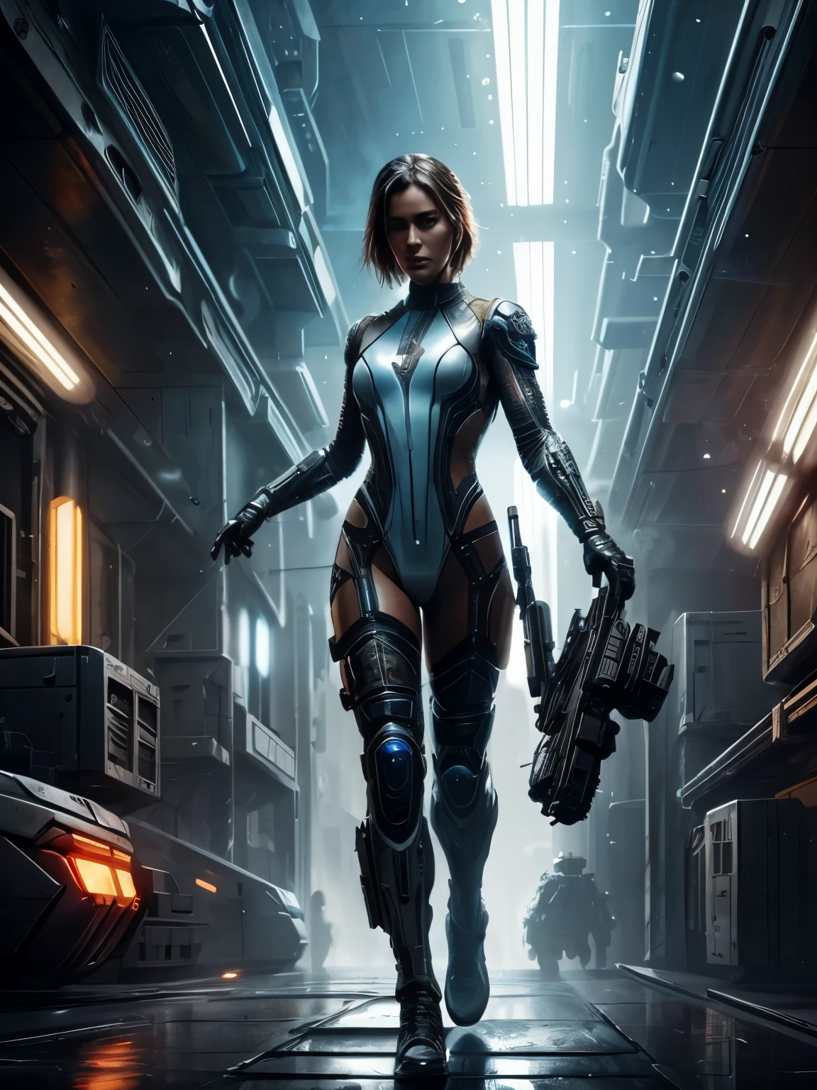 Alyx Star, Perfect Face, Perfect body, bodybuilder, White Swinsuit armored cyberpunk, Pretty Features, Spaceship Interior, Wadim Kashin, James Gurney, INK, Splash Art", Royo, Sharp Focus, Emitting Diodes, Smoke, Artillery, Sparks, Racks, SYSTEM Unit, Motherboard, by Pascal Blanche Rutkowski Repin Artstation Hyperrealism Painting Concept ART of Detailed Character Design Matte Painting, 4K Resolution Blade Runner, Mysterious