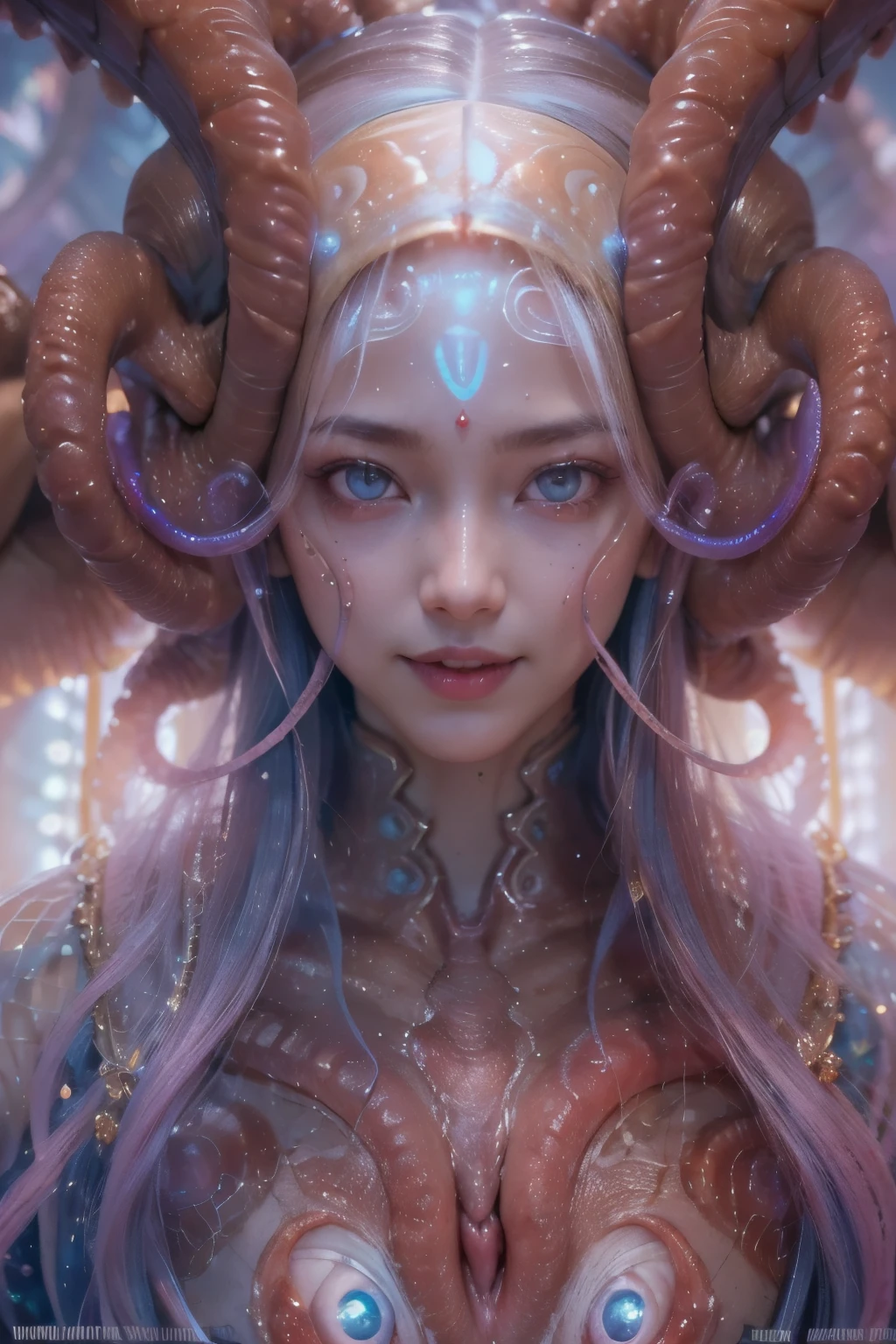 best quality, masterpiece, ultra high resolution, (photos realistic:1.7), scary and sexy detailed art in color, Portrait, (beautiful and obscene female alien:1.4), (vulgarity1.7), (she has red eyes with no pupils:1.8), (Translucent blueskin:1.7), (There is a female genital-like organ in the middle of the forehead:1.9), (The most beautiful face in the history of the universe:1.2),an evil gaze that seduces, (large mouth:1.1), (sharp teeth like a vampire:1.2), Full body portrait, (bio luminescent:1.5), (Smile wickedly:1.3), (sexypose:1.5), alien, No humans, cells are fused, (Lots of translucent tentacles:1.3) extraterrestrial, cell, bio image, best quality, 8K,In 4K_quality, High freshness, Dramatic Lighting, cinematic quality, detail up, (exquisite details:1.2), High freshness, drawing faithfully, (Thick eyebrows:1.2), Beautiful eyes with fine symmetry,(Highly detailed face and eyes:1.2), Intimate face, (Super detailed skin quality feeling:1.4), perfect anatomy, (Beautiful toned body:1.5), (Moist skin:1.2), not wearing makeup, (dark circles:1.1), long canines, cinematic drawing of characters, ultra high quality model, cinematic quality, detail up, (exquisite details:1.2), high resolution, High freshness, drawing faithfully, official art, Unity 8K Wall paper, ultra detailed artistic photography, midnight aura, unreal engine 5, Ultra Sharp Focus, art by Amano Yoshitaka, ArtGerm, Roisch, intricate artwork,ultra realistic realism, dream-like, nautilus, Creation of fantasy, Snail, Dream Snail, (biopunk nautilus:1.3),Thrilling color schemes, seductively smiling, Blue tentacles, Amazing mutation, well-proportioned body, goddess of the deep sea, fractal, Geometric pattern