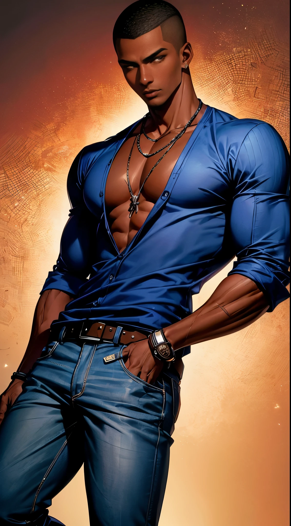 (best quality:1.1),original, 1man, A handsome man with dark skin, African American man with natural hair, short hair, buzzcut, ebony nose, broad shoulders, tall, masculine, dressed in blue urban clothes and demin jeans, cartoon,anime illustrations, style is abstract beauty, Sundaratang, charming character illustrations, folklore --ar 2:3 --v 6.0