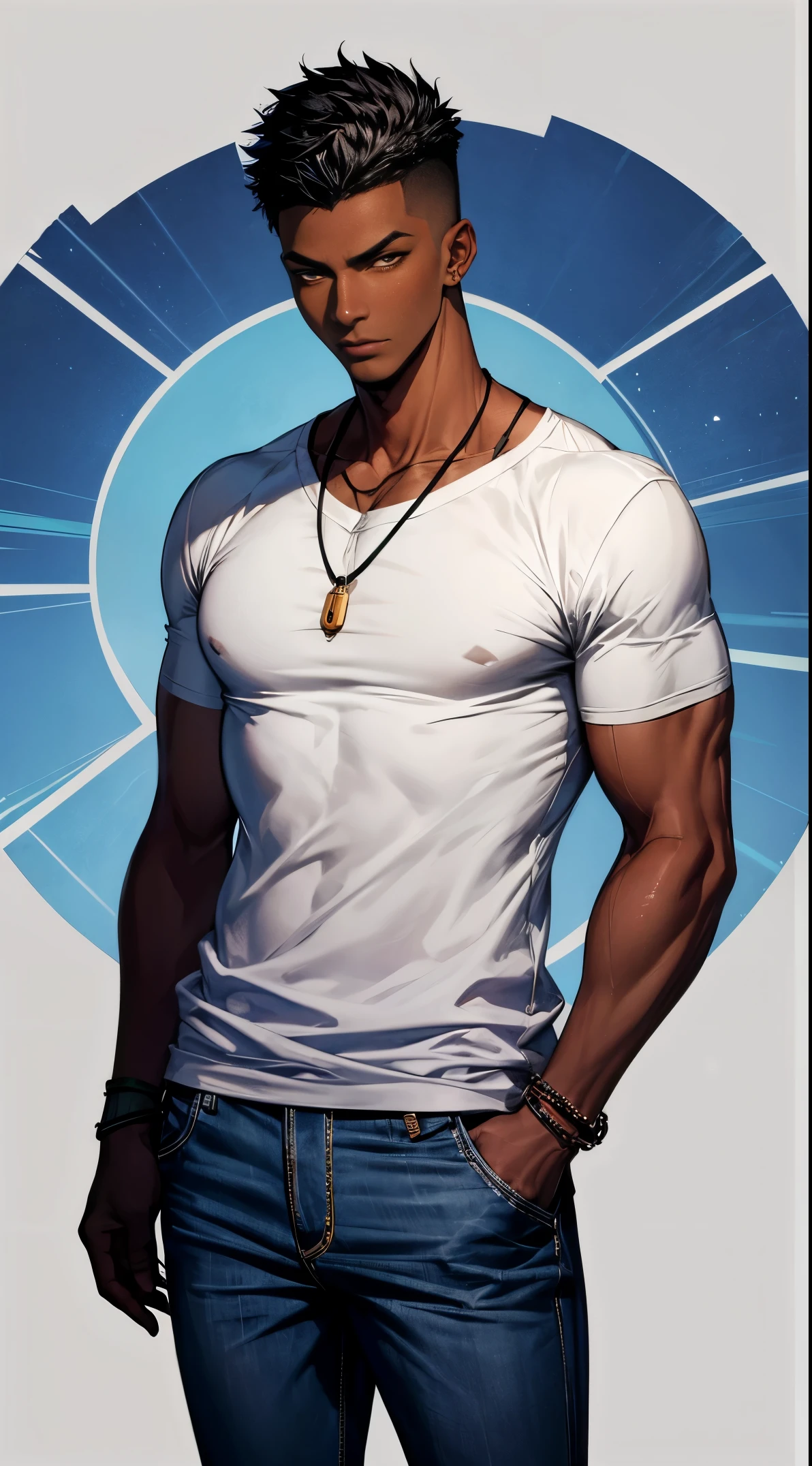 (best quality:1.1),original, 1man, A handsome man with dark skin, African American man with natural hair, short hair, buzzcut, ebony nose, broad shoulders, tall, masculine, dressed in blue urban clothes and demin jeans, cartoon,anime illustrations, style is abstract beauty, Sundaratang, charming character illustrations, folklore --ar 2:3 --v 6.0